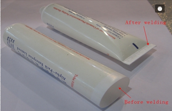 welding samples from ultrasonic tubes sealer soudure avec échantillons.jpg